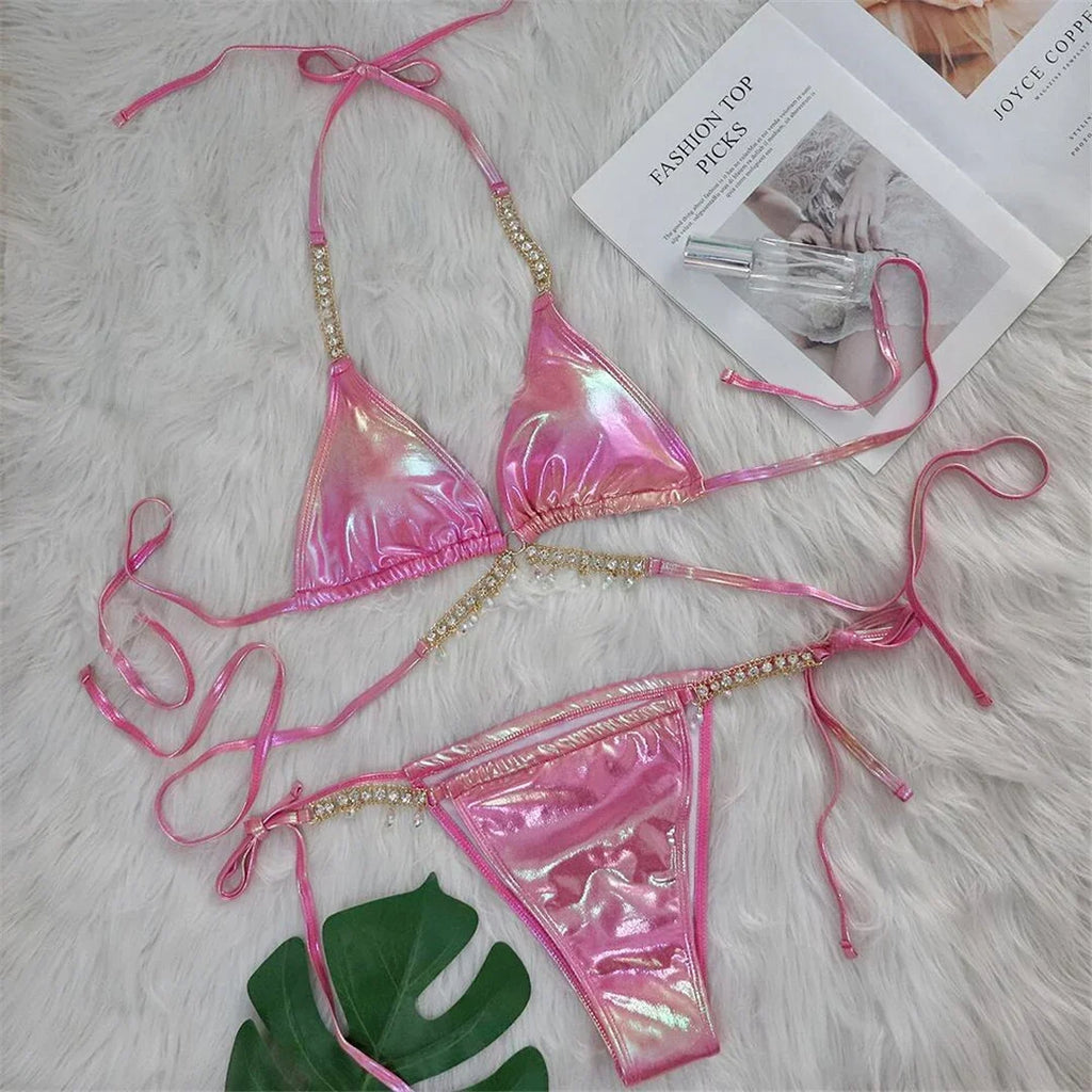 Diamond Rhinestones PU Faux Leather Bikini Female Swimsuit Women Swimwear Two-pieces Bikini Set Bather Bathing Suit Swim V5131