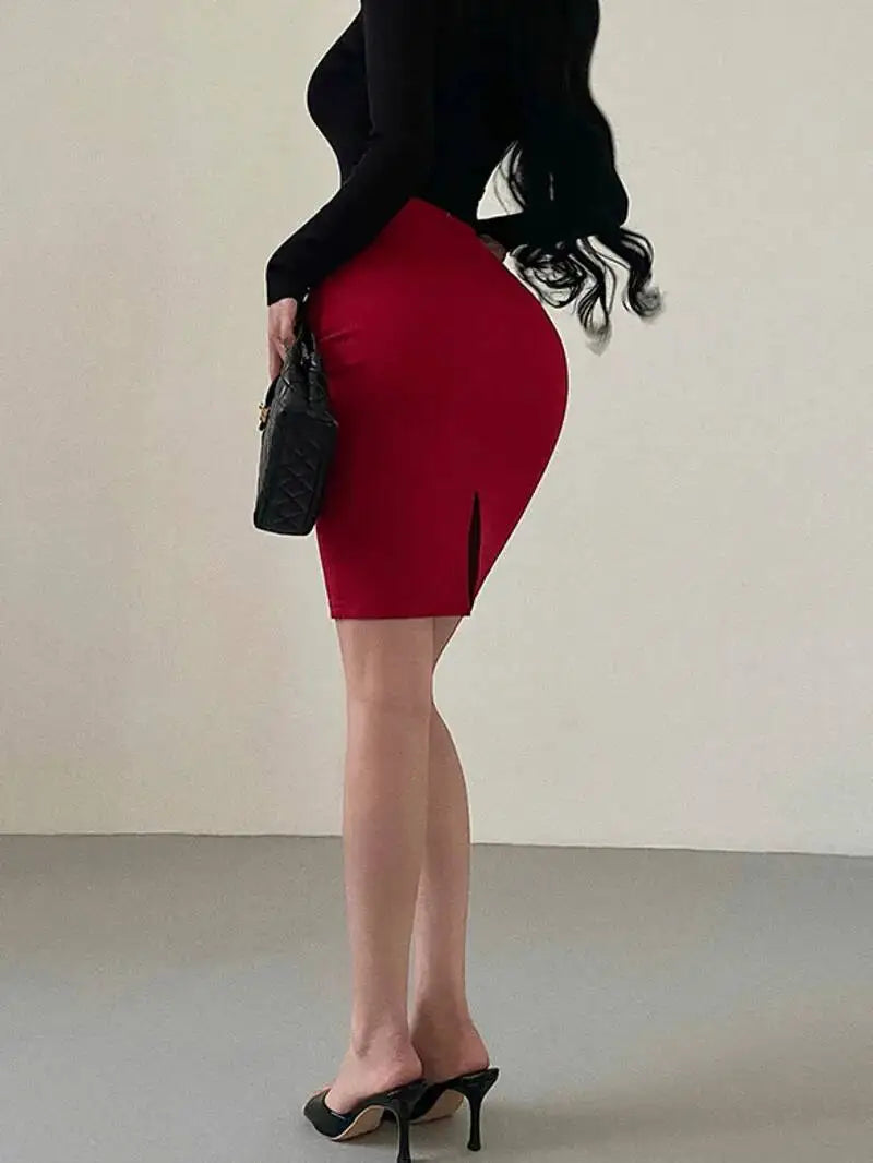 Korean Pure Desire Sexy OL High Waist Ruched Hip Slit Mid-Length Bodycon Skirt Fashion Sexy Women Mini Skirts 2026 New BL9X