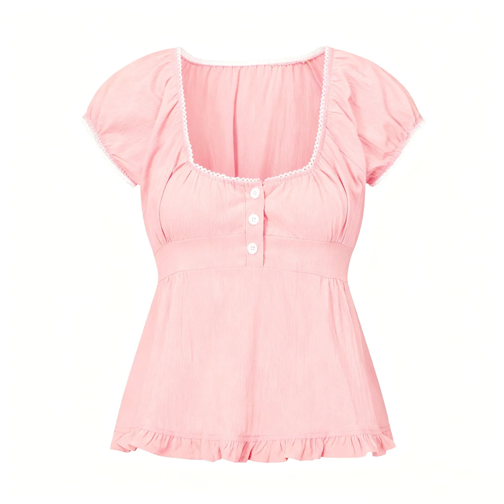Summer Women Short Sleeve T-shirt Solid Color Low-necked Pleated Hem Casual Tops Y2K Retro Shirts
