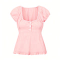Summer Women Short Sleeve T-shirt Solid Color Low-necked Pleated Hem Casual Tops Y2K Retro Shirts