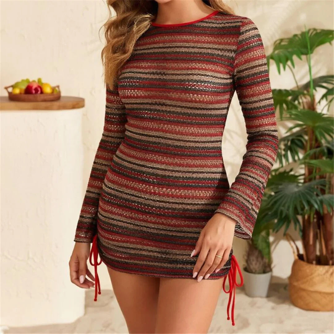S - XL Striped Long Sleeve Cover Up Bikini Female Swimsuit Women Swimwear Bather Bathing Suit Swim Three-pieces Bikini set K8128