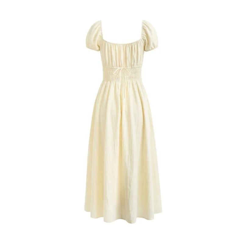 French Country-style Square-neck Dress With Puffed Sleeves Elasticated Waist And A Stylish Tie Design Perfect For Seaside TEW7