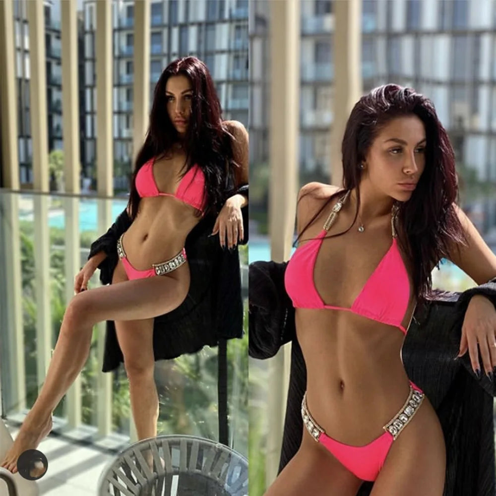 DEKA Women Brazilian Diamond Bikini Set Rhinestones Halter Swimwear Female Swimsuit Two-pieces Bikini Bather Bathing Suit Swim