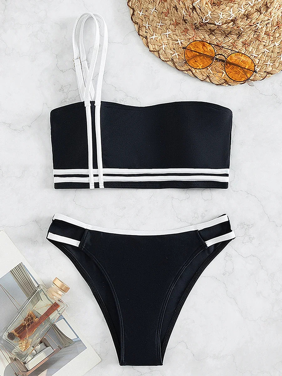 Splicing One Shoulder Bikini Women Swimwear Female Bandeau Swimsuit Two-pieces Bikini Set High Cut Bathing Suit Swim Beach Wear