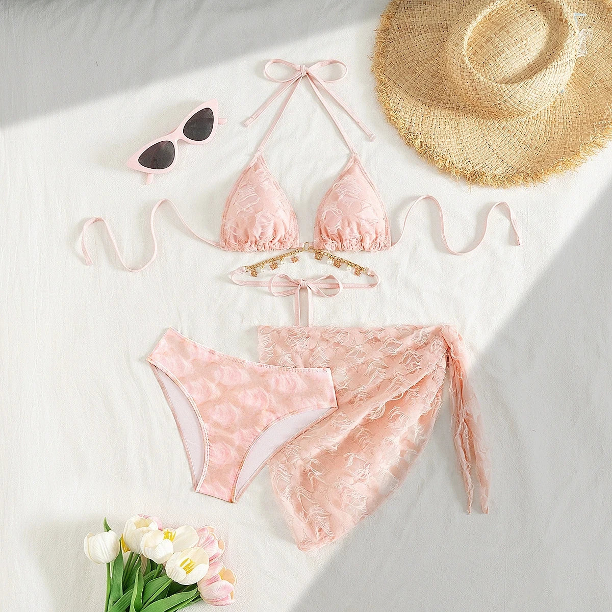 DEKA Pink Bikini Set Women Sexy 3-Piece Swimsuit Metal Chain Satin Female Swimwear New Fashion Korean Bathing Beachwear Holiday