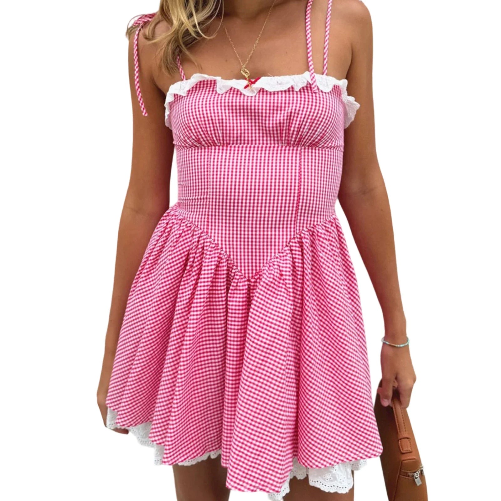Summer Plaid Mini Cami Dress for Women Fashion Slim Ruffle Trim Tie-up Spaghetti Strap A-line Dresses for Daily Party