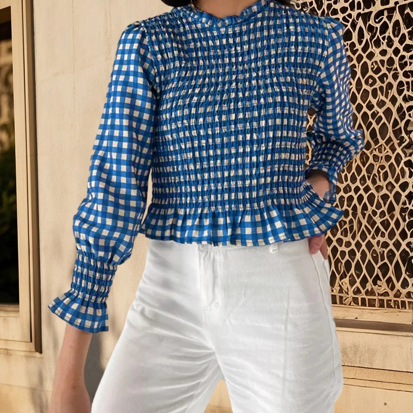 Women Fashionable Casual Round Neck Smocked Bubble 3/4 Sleeve Tops Summer Fall Plaid Print Ruffled T-shirts