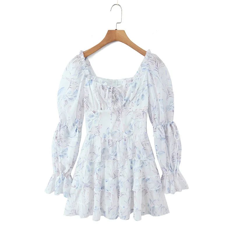 Sweet Long-sleeve Dress For Women Pleated Printed Short Women White Floral Print Mini Dress Long Puff Sleeve For Beach 96U3