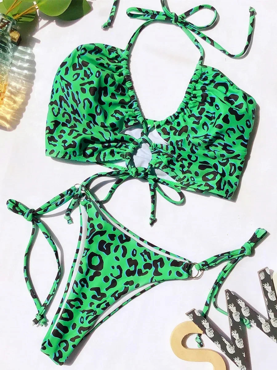 Sexy High Cut Leopard Bikini Women Thong Swimwear Female Swimsuit Two-pieces Bikini set Lace Up Bather Bathing Suit Swim Lady