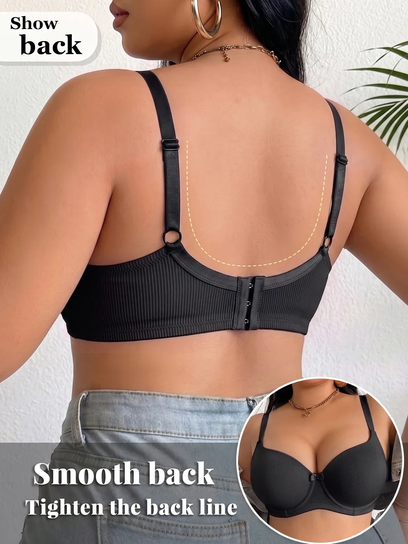 Plus Size Women's B C D Thin Cup Ribbed Push Up Bra Wide Straps Underwire Side gather Lingerie Comfort Ladies Brassiere