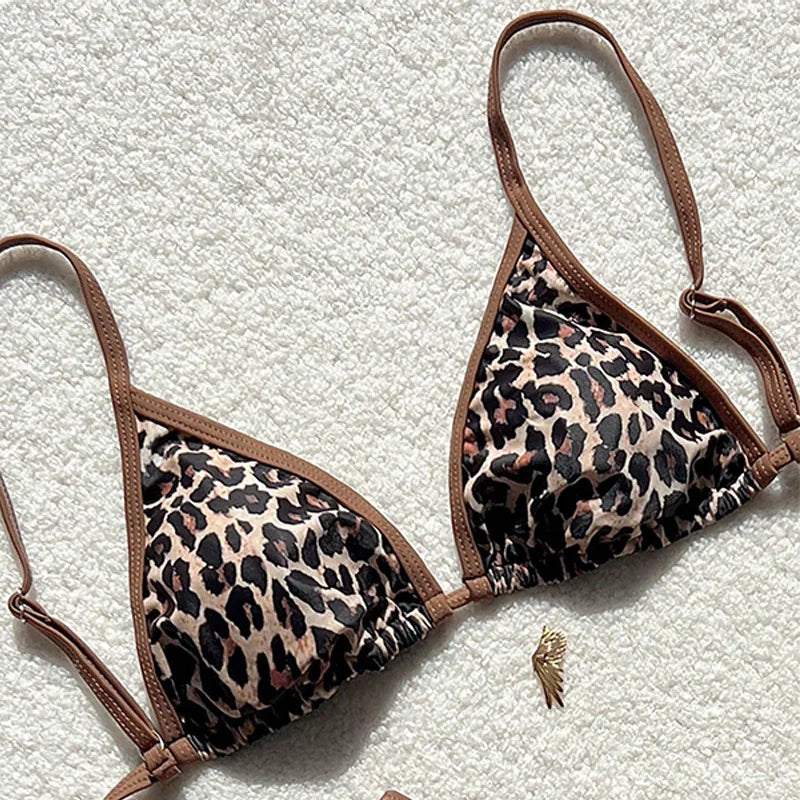 Sexy Leopard Print Bikini 2 Piece Set Women Laced Up Split Swimsuit Low Waist Beachwear 2025 New Summer Swimwear Bikinis Set