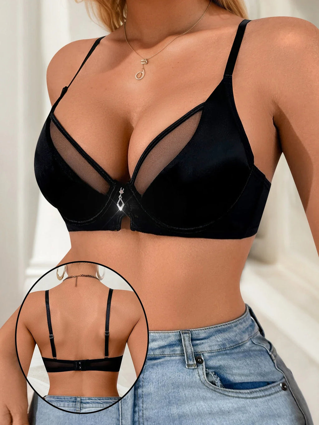 Black lace patchwork lingerie with European and American fashion style thin steel ring women's underwear sexy Lingerie MR3617
