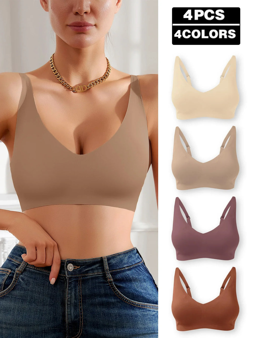 4PCS Women's Wire-Free Seamless Bras - Soft Comfort, Adjustable Straps, Non-Slip Adhesive, Removable Cups, Full-Coverage