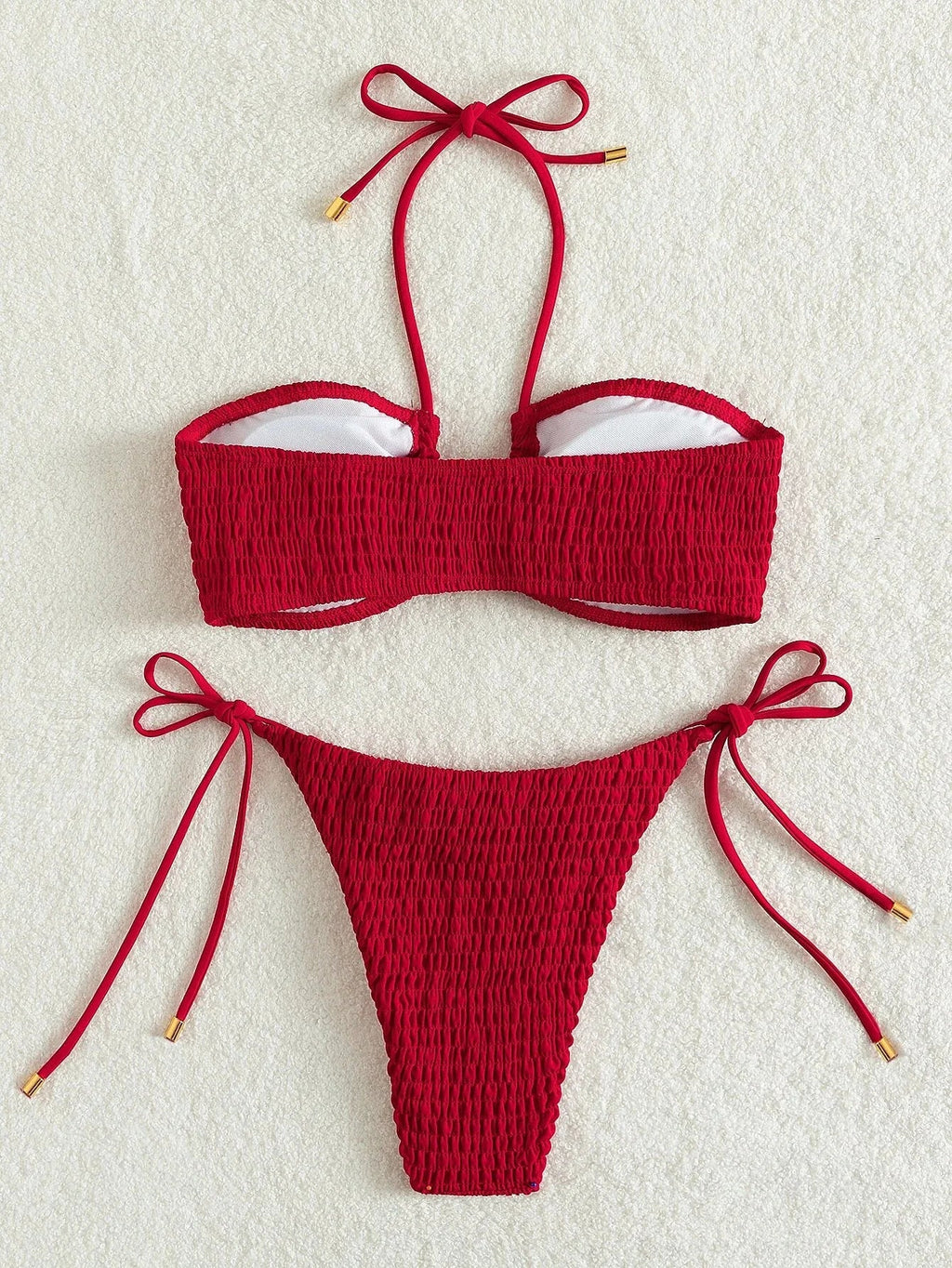 Halter Tie Side Pleated Smocked Bikini Women Bandeau Swimsuit Female Swimwear Two Pieces Bikini Set Bathing Suit Swim Beach Wear