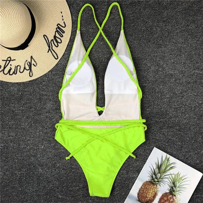 Sexy Deep V Neck Wrap Around Female Swimwear One Piece Swimsuit Women Backless Monokini High Leg Cut Bathing Suit Swim Beachwear