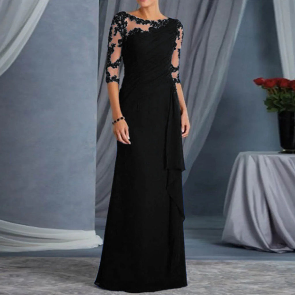 Women Elegant Lace Long Dress Sexy See Through Round Neck Mid Sleeve Dress Solid Color Evening Party Prom Dress Cocktail Gown