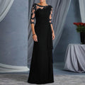 Women Elegant Lace Long Dress Sexy See Through Round Neck Mid Sleeve Dress Solid Color Evening Party Prom Dress Cocktail Gown