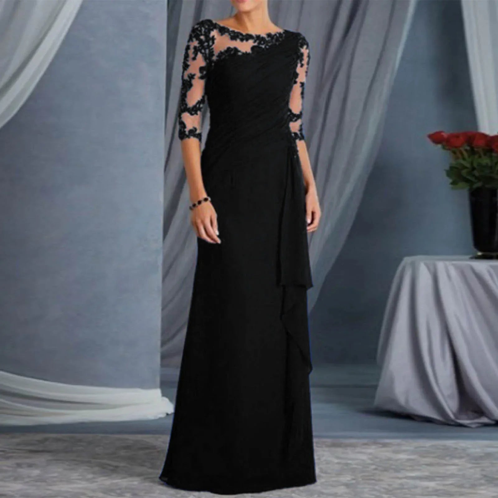 Women Elegant Lace Long Dress Sexy See Through Round Neck Mid Sleeve Dress Solid Color Evening Party Prom Dress Cocktail Gown