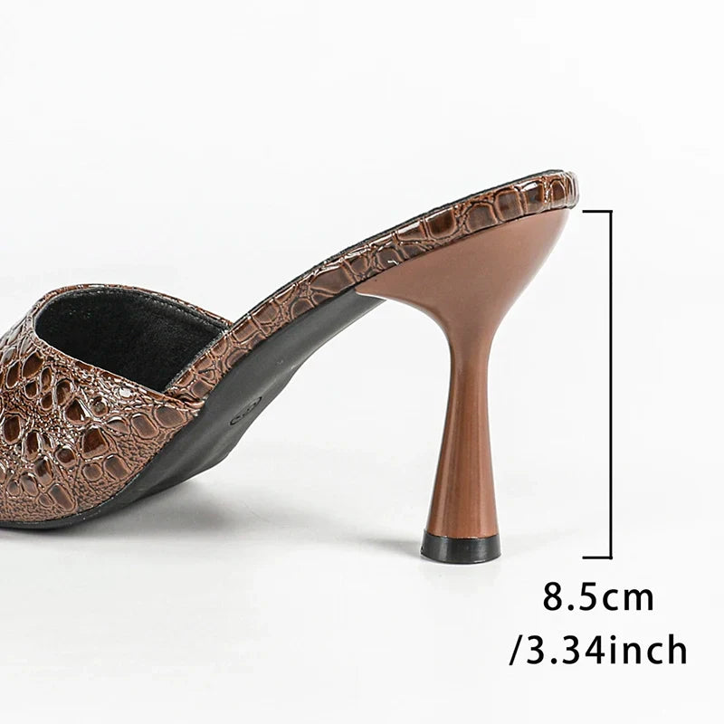 Crocodile Texture High Heel Sandals Women Fashion Square Toe Stilettos Heels Sandals Woman Plus Size Slip On Banquet Party Shoes