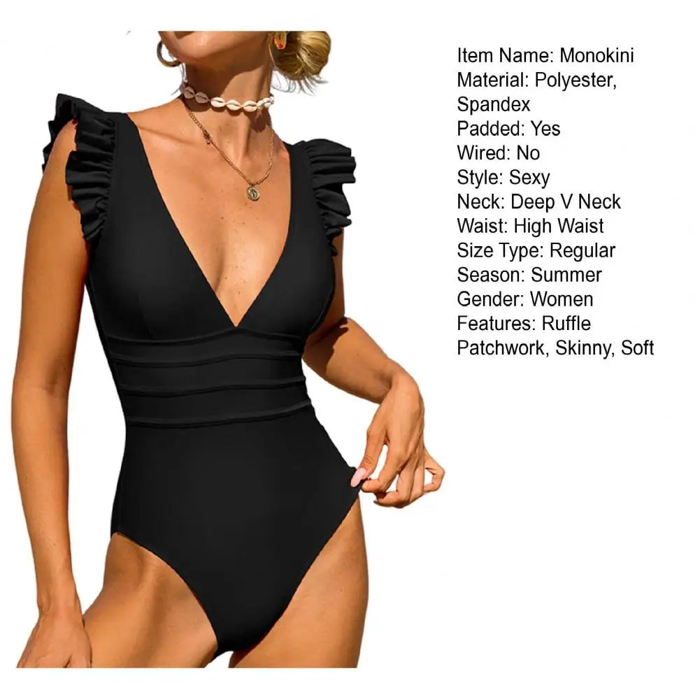 Women One-piece Monokini Ruffle Edge Deep V Neck Sleeveless Elastic Quick Dry Tight Waist Detachable Pads Surfing Swimsuit