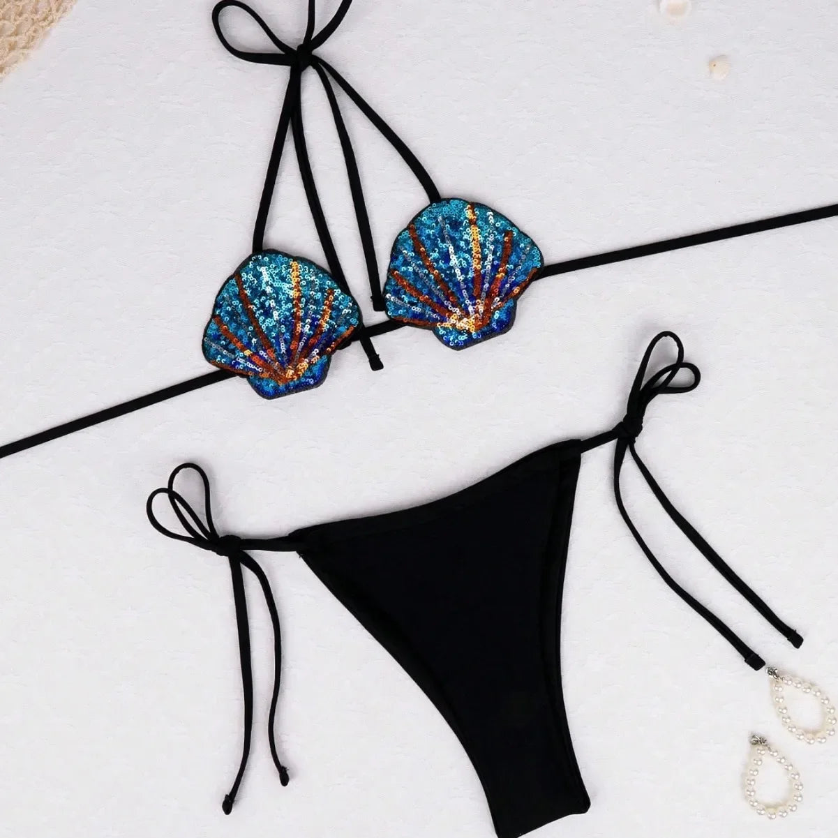New Shiny Sequin Shell Starfish Bikini Set Women Sexy Push Up Pleate Thong Swimsuit Brazilian Beach Bathing Suit Micro Swimwear