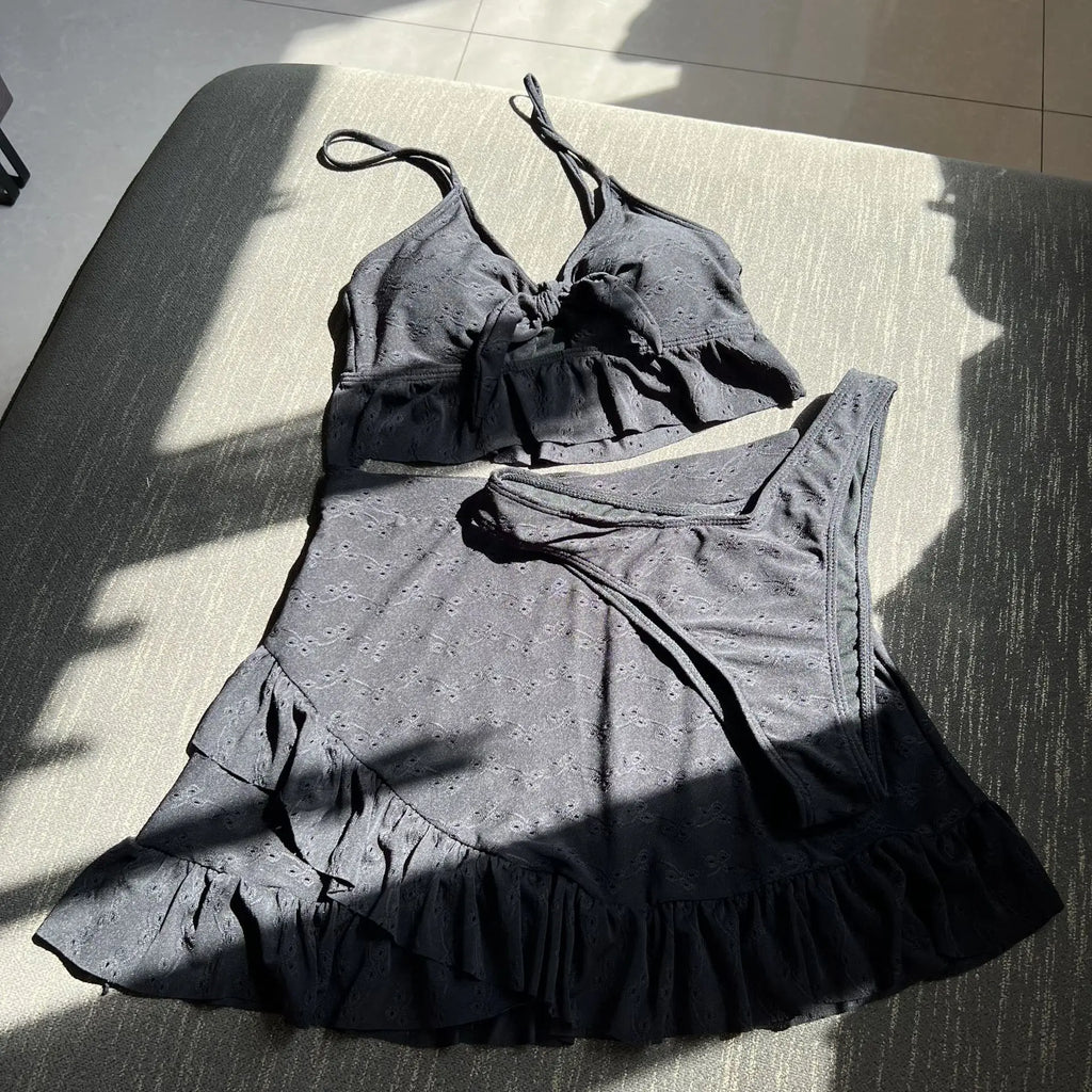 Women plain front tie bow bikini sets three pieces with high waist ruffles mini skirt swimsuit bathing suit beach outfits