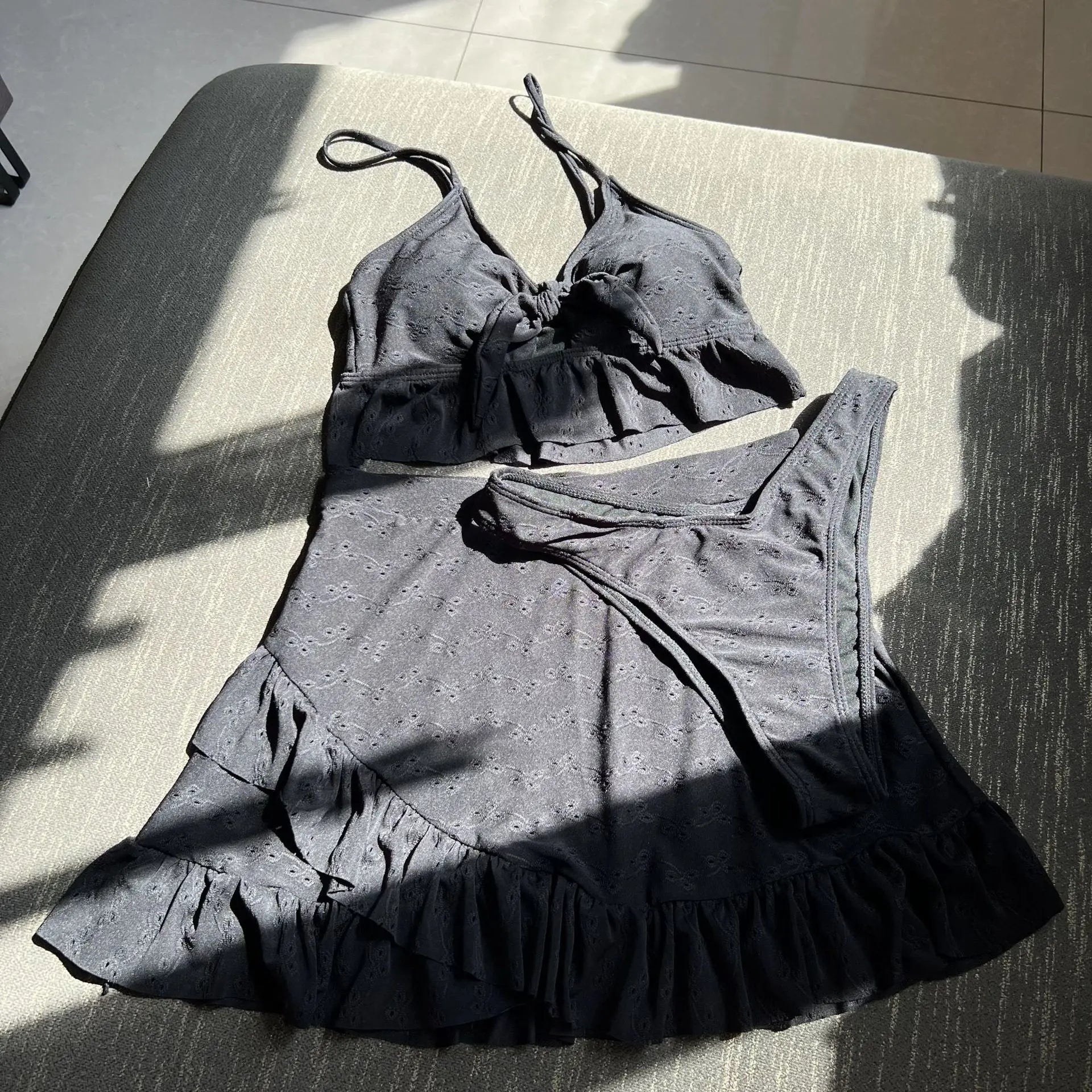 Women plain front tie bow bikini sets three pieces with high waist ruffles mini skirt swimsuit bathing suit beach outfits