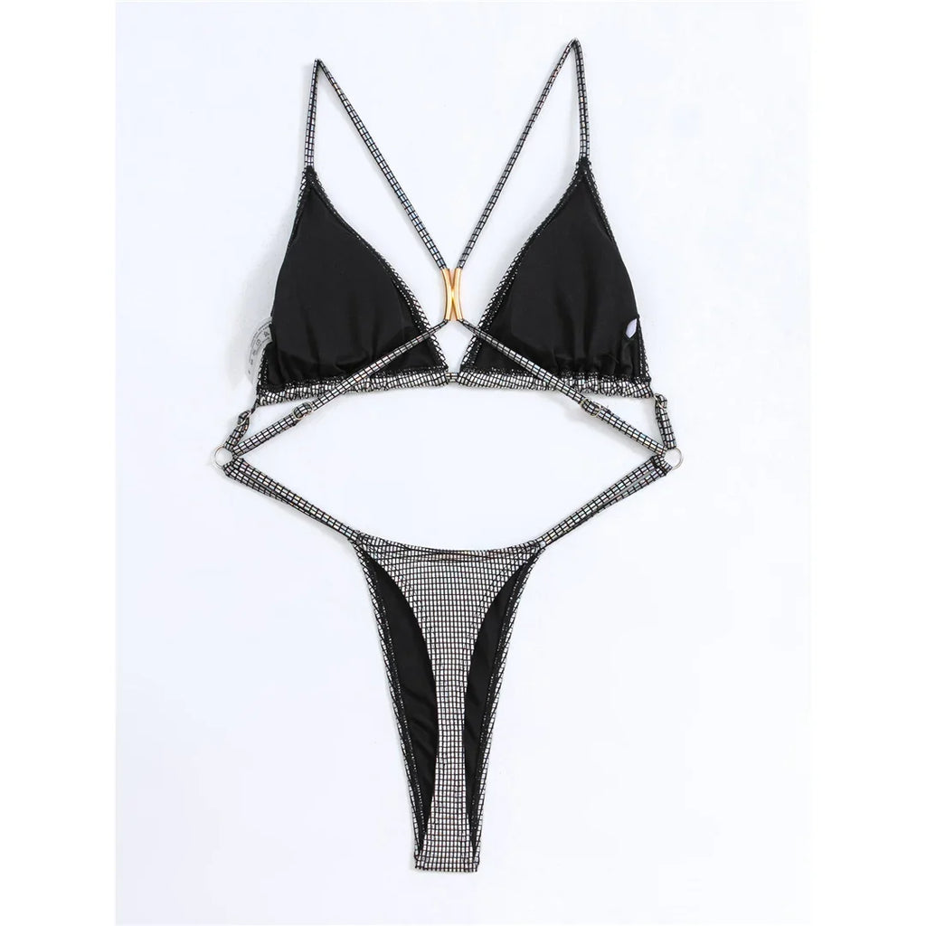 Sexy Sequins Cross Back Extreme String Mini Micro Thong Women Swimwear One Piece Swimsuit Female Bather Bathing Suit Swim V5506