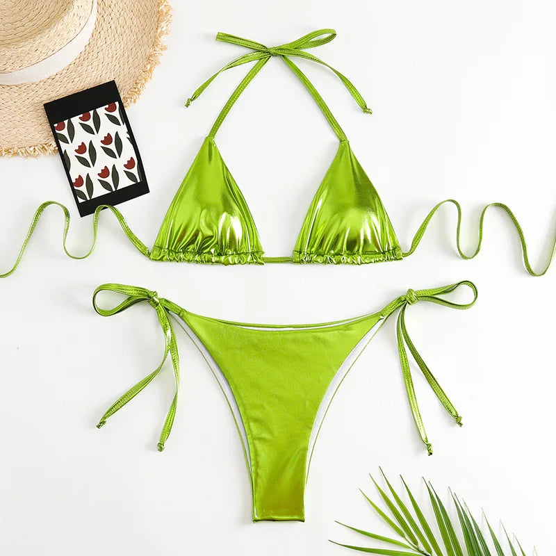 Sexy Brozing Gold Bikinis Sets Women Push Up Micro Bikini Swimsuit 2026 Brazilian Beach Bathing Suit Tie Side Triangle Swimwear