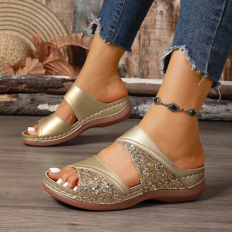Golden Glitter Platform Sandals for Women Summer Lightweight Wedge Heel Sandles Woman Plus Size 43 Thick Sole Sandalias Mujer