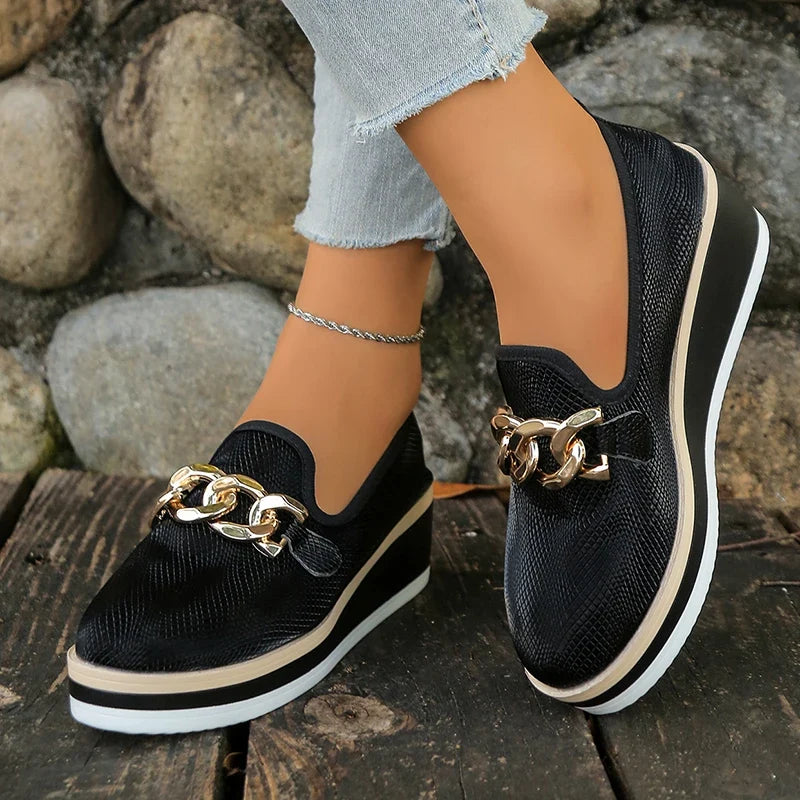 Fashion Metal Chain Wedge Heeled Loafers Women 2026 Slip On Platform Pu Leather Shoes Woman Non Slip Thick Sole Single Shoes
