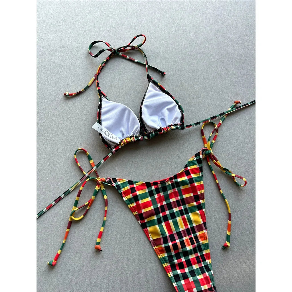 Sexy Plaid Halter Bikini Female Swimsuit Women Swimwear Two-pieces Bikini set High Leg Cut Padded Bather Bathing Suit Swim V7930