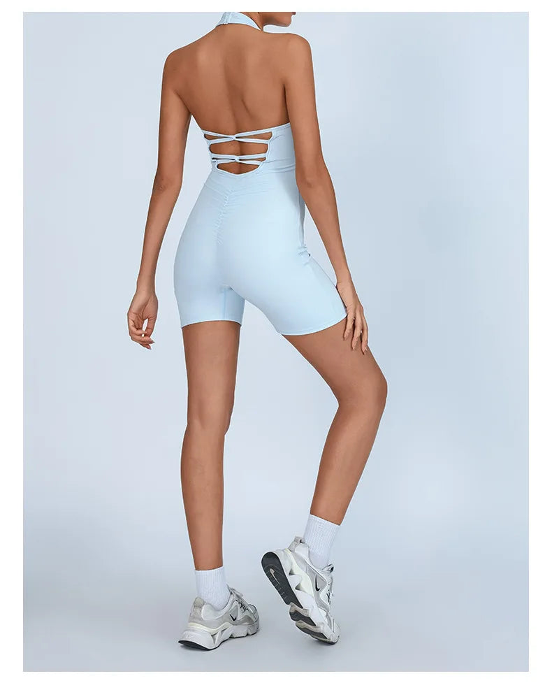 Summer Yoga Jumpsuit Back Hollow Out Bandage Pleate Pocket Shorts Sports One Piece Suits Butt Lifting Fitness Workout Bodysuit