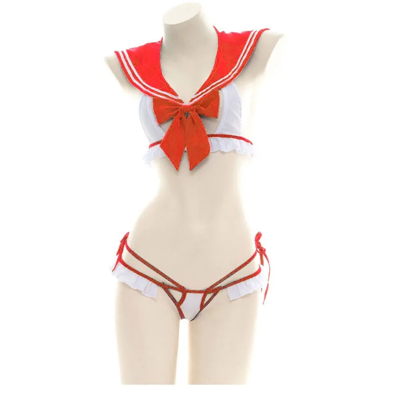 Cosplay Student Uniform Erotic Bra And Panty Set Women's Bow Open Bra Sexy Lingerie Set Nightdress Sexy Costumes