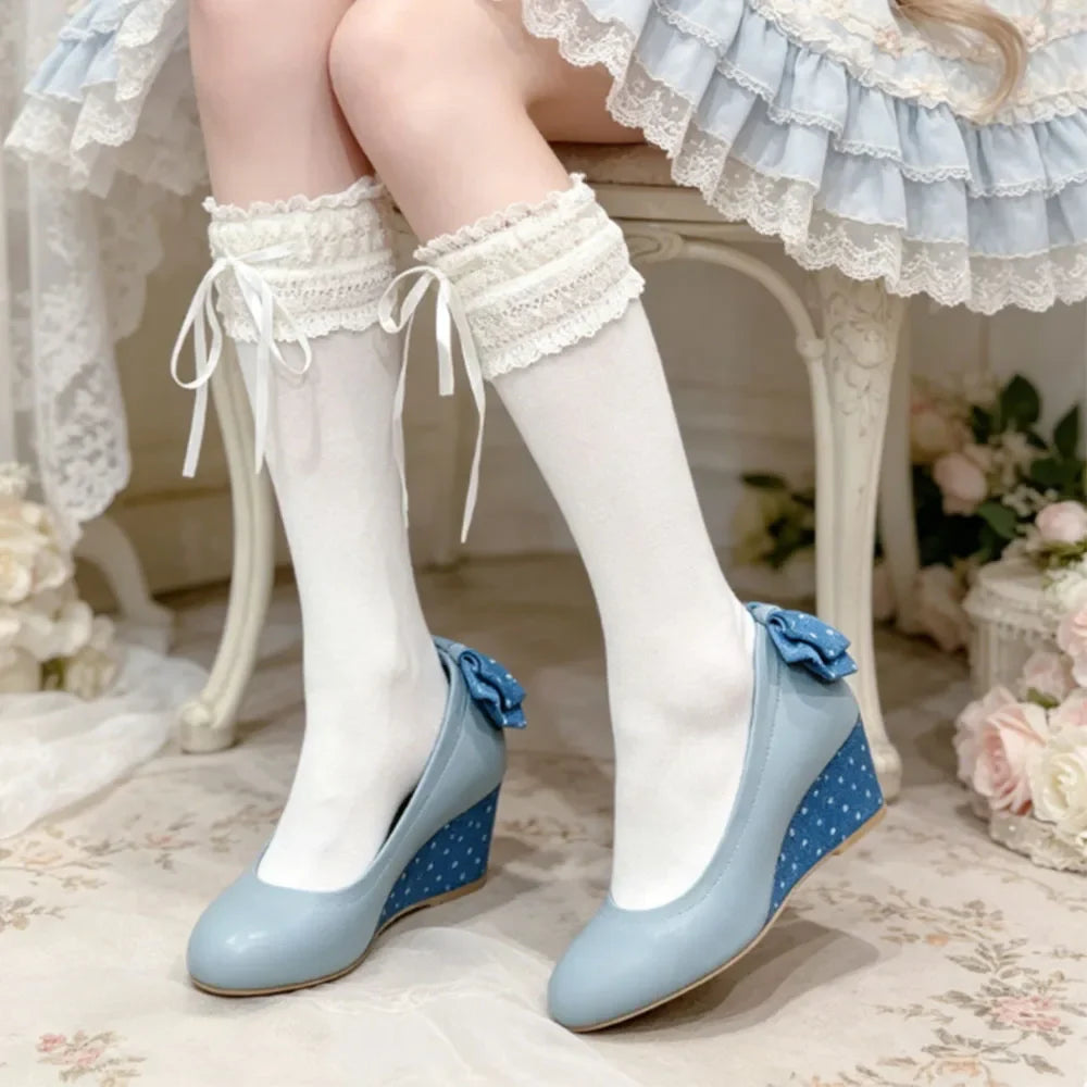 New High Heel Lolita Wedge Pumps Daily Floral Polka Dot Print Sweet Vintage Dress Heels Bow Tie Tea Party Cosplay Wedding Shoes