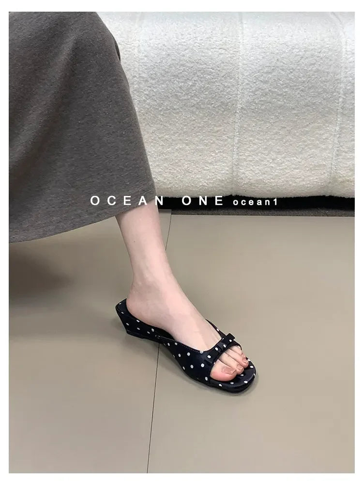 2026 New Polka Dot Wedges Heels Women Slippers Fashion Open Toe Butterfly-knot Party Dress Slide Summer Outdoor Daily Wear Shoes