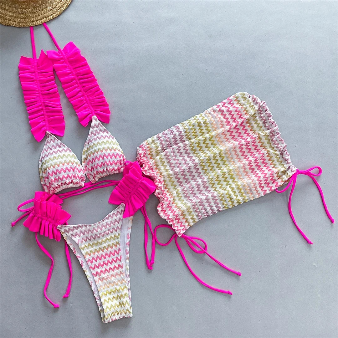 With Skirt Waved Ruffled Frilled Bikini Female Swimsuit Women Swimwear Three-pieces Bikini set Bather Bathing Suit Swim V5235