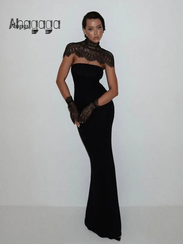 Ahagaga Sexy Women's Maxi Dresses With Lace Shawl Solid Strapless Sheath Slim Fit Fashion Gloves Summer Female Party Vestidos