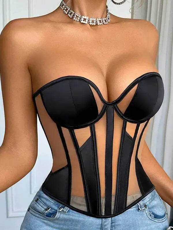 Mesh Thin Corset Sexy Erotic Tight Corset Fishbone Top Casaul Transparent Off-the-shoulder Pure Desire Elegant Top Charming 6EX2