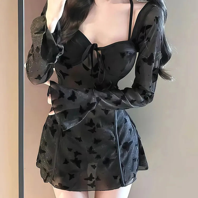 Hot spring swimsuit women's highend skirt style two-piece set sexy pure desire steel holder gathering slimming vacation swimsuit