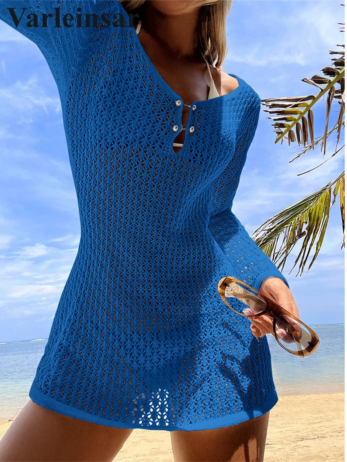 V Neck Long Sleeve Hollow Out Crochet Knitted Tunic Beach Cover Up Cover-ups Beach Dress Beach Wear Beachwear Female Women V7643