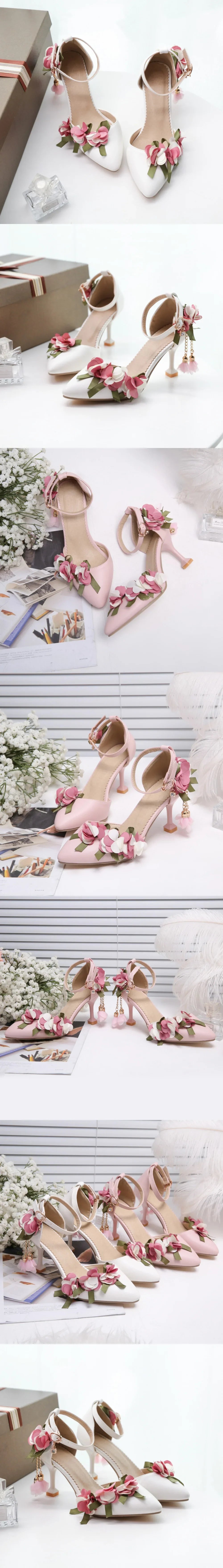 Small Big Size 32-46 Women's Elegant Pink Flowers High Heels Sandals Summer Sexy Pointy Toe Party White Wedding Sandals Shoes