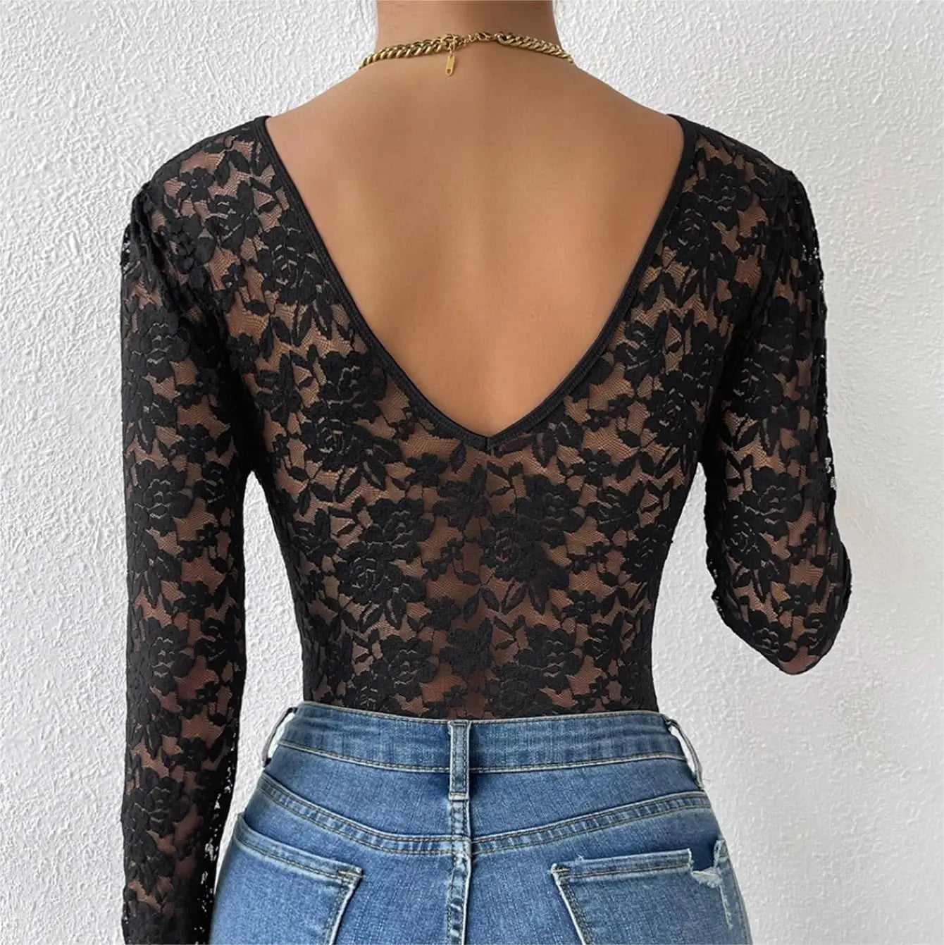 Sexy White Lace Bodysuit Women Solid Color Long Sleeve Sheer Corset Top Autumn Ruffles V Neck See Thourgh Slim Fit Jumpsuit