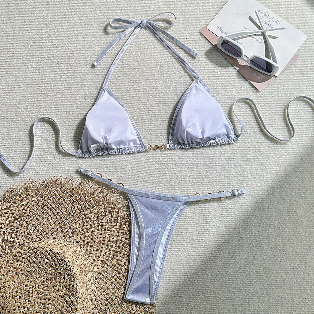 PU Faux Leather Halter Mini Thong Bikini Women Swimwear Female Swimsuit  Two-Pieces Bikini Set Bather Bathing Suit Swim V5206W