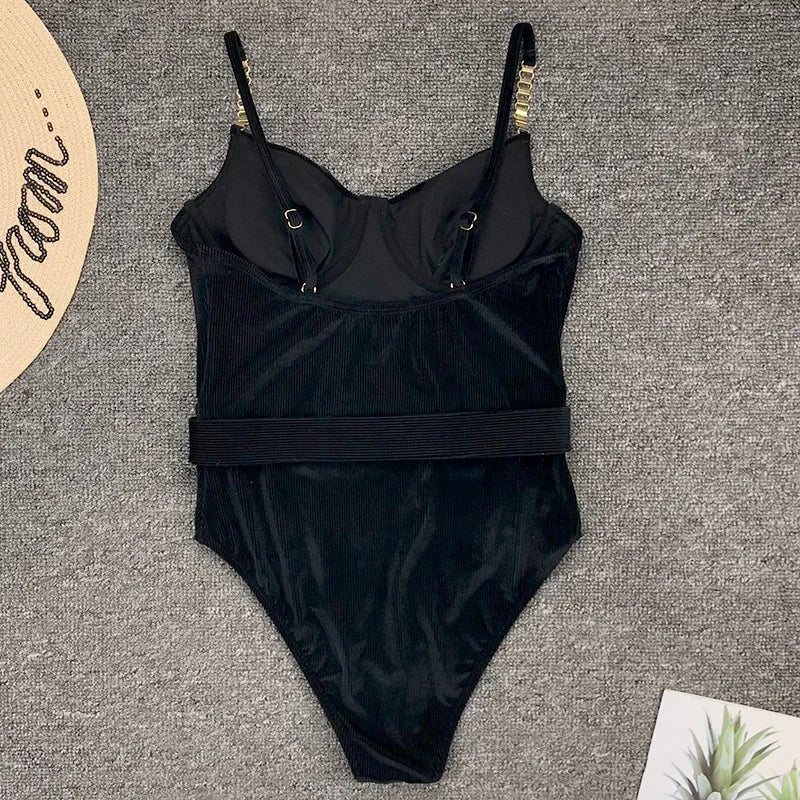 Ribbed Push up Underwired Metal Chain Women Swimwear One Piece Swimsuit Female Waist Belt Monokini Bather Bathing Suit Swim Lady