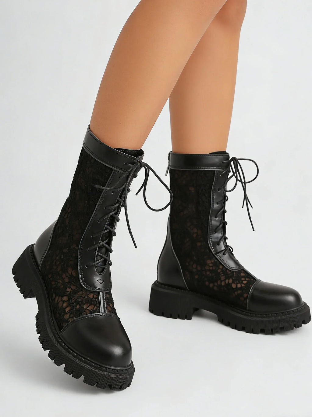 2026 New Big Size 45 Chic Black Lace Mesh Summer Boots Women Round Toe Square Heels Shoelace Zip-up Mid-calf Boots Shoes