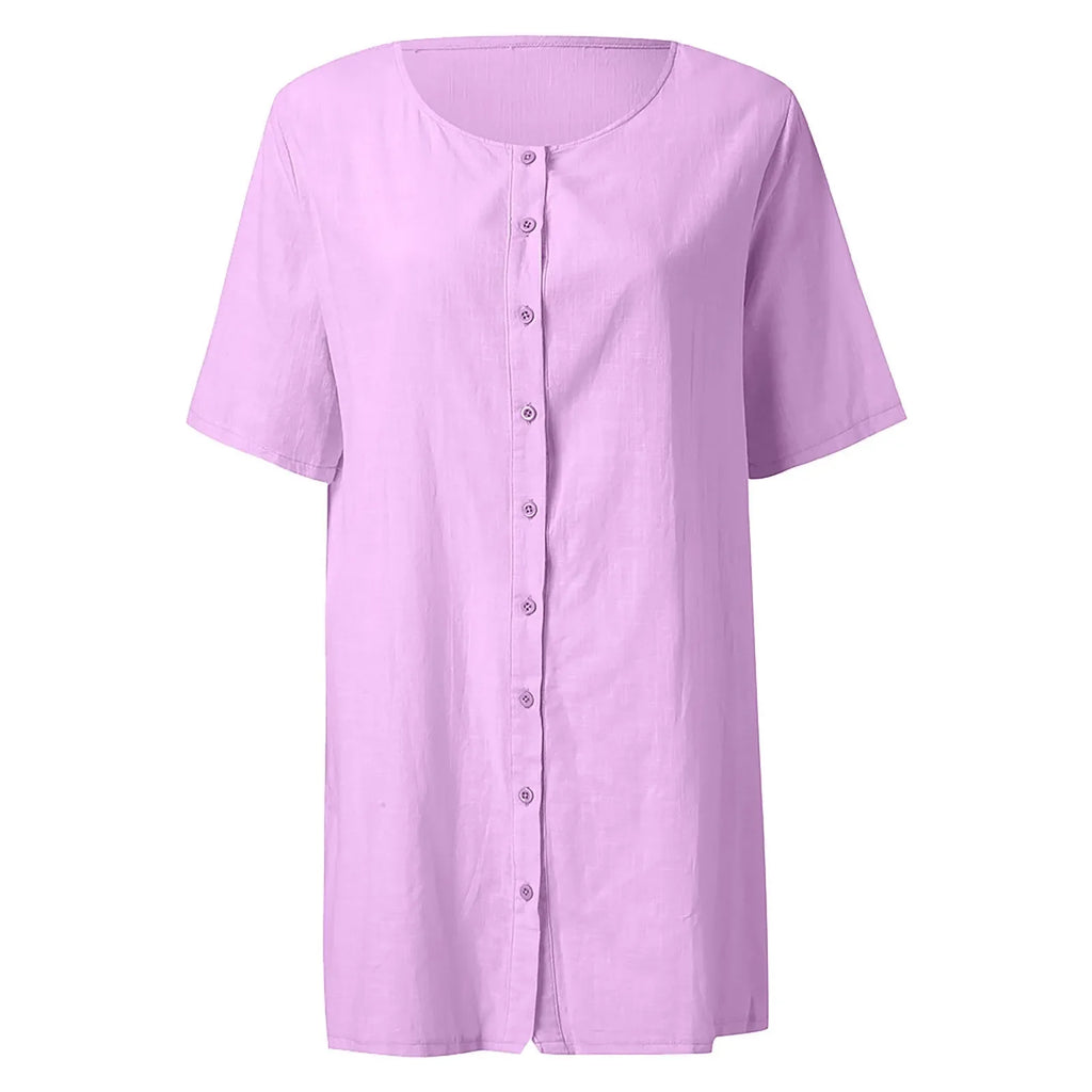 Cotton Linen Breathable And Comfortable Mid Length Oversized Button Down Half Sleeve O-neck Cardigan Casual Beach Suncreen Top