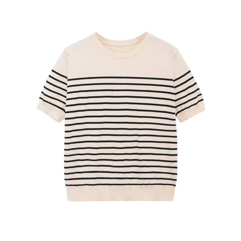 Fashion Striped Knit Sweater Black Striped Knit T Shirt Casual Short Sleeve Crew Neck Slim Fit Top For Women Summer Daily 0HAD
