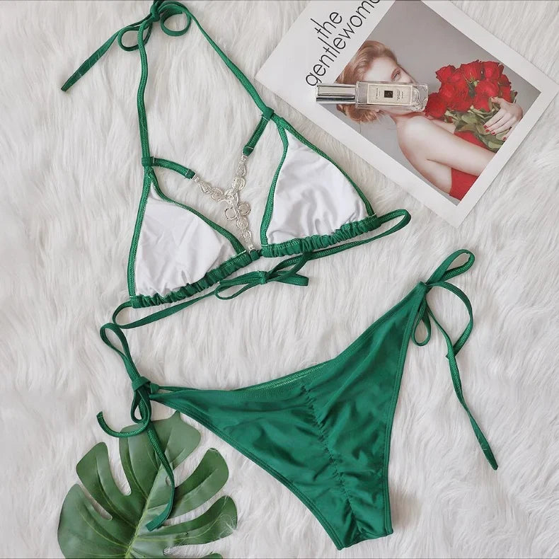 Bikini 2026 Sexy Crystal Diamond Hollow Vintage Solid Swimwear Swimsuit Women Bikinis Set Bathing Suit Beach Bikini Luxe Female