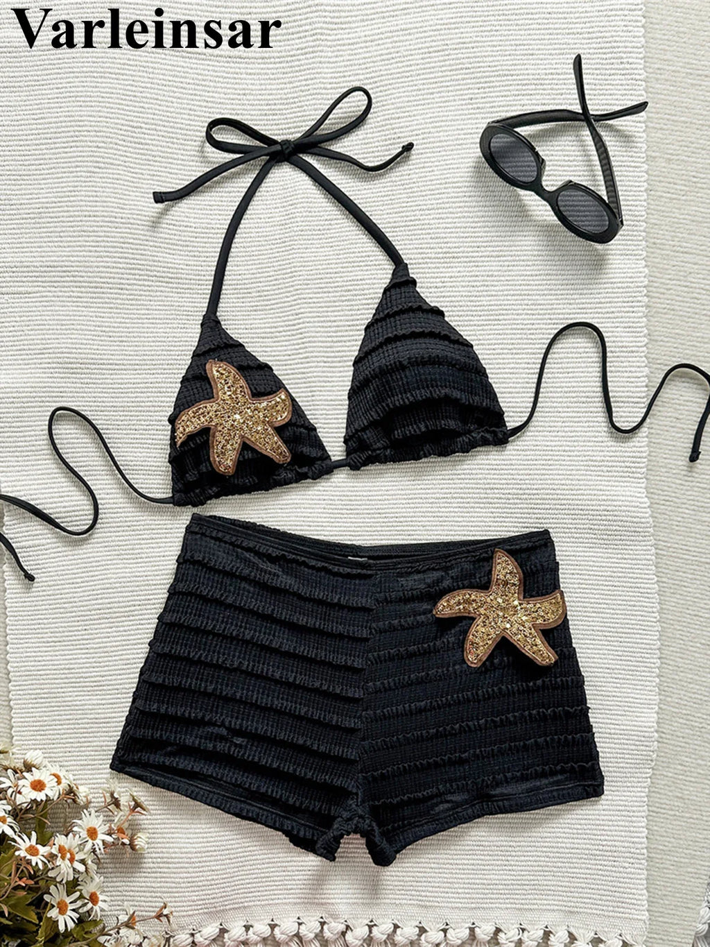 Sequins Starfish Halter High Waist Bikini Female Swimsuit Women Swimwear Two-Pieces Bikini Set Bather Bathing Suit Swim V8215